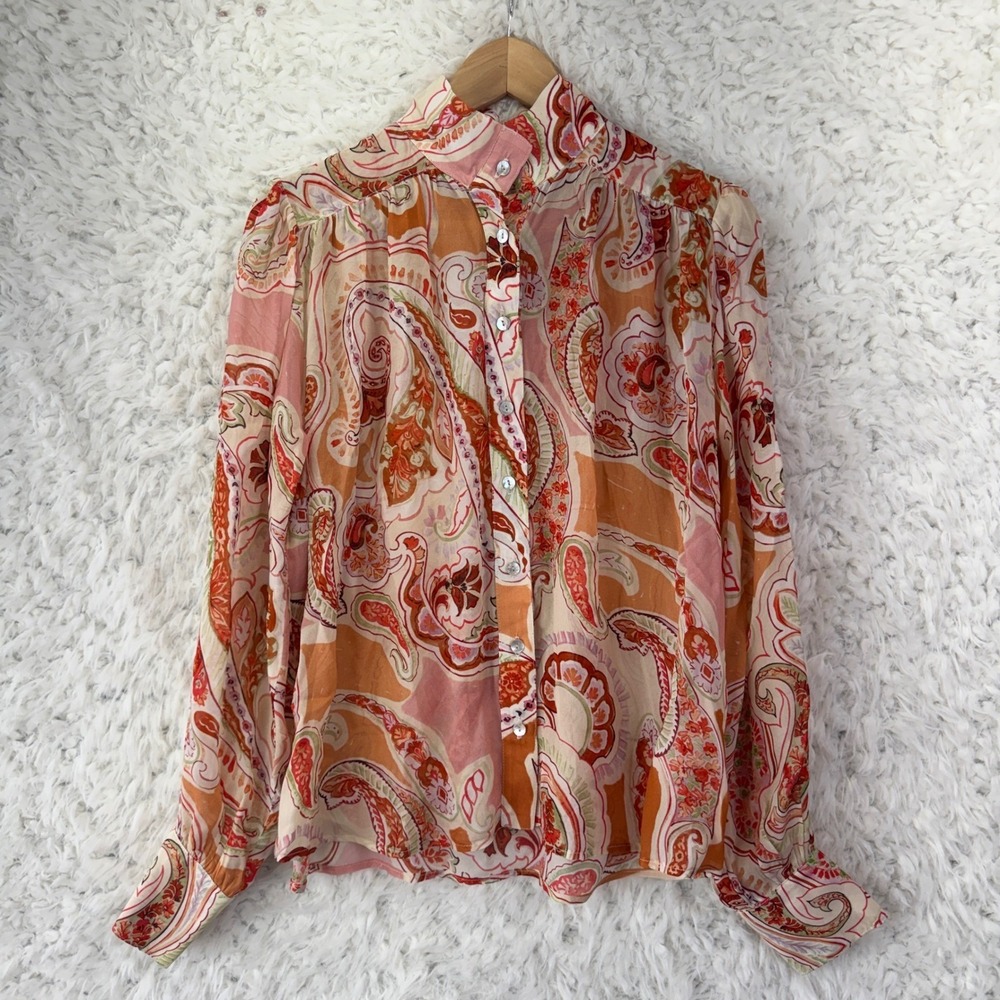 Fifteen Twenty Paisley Blouse Small Orange Pink Boho Long Sleeve